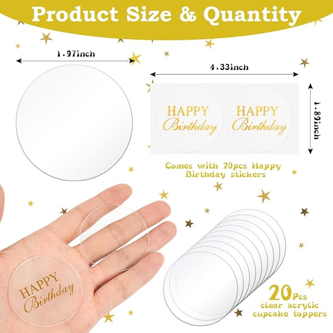 20 Pack 2 Inch Round Clear Acrylic Personalized Cupcake Toppers with Birthday Stickers Blank DIY Personalized Cake Toppers for Birthday Wedding Party Decorations Back to School