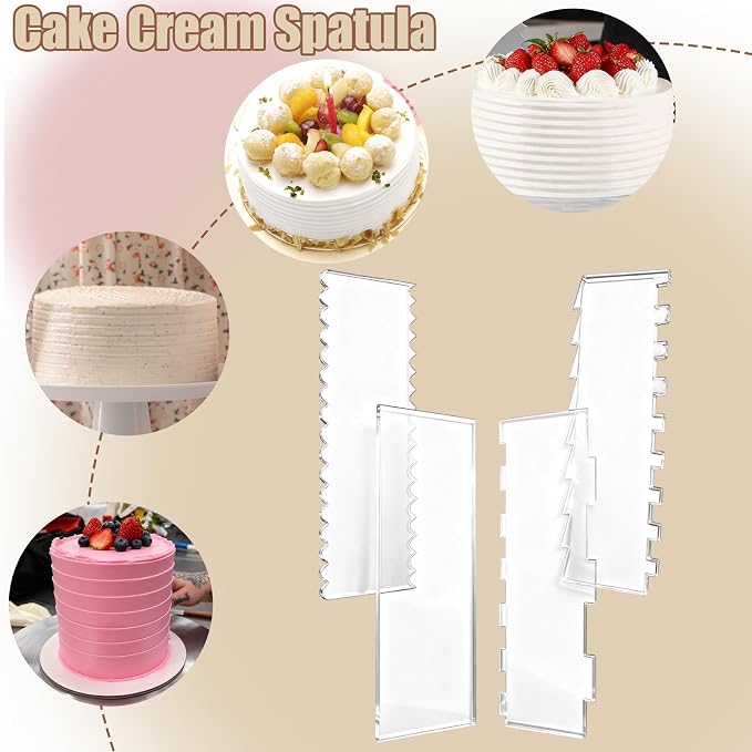 4 Pieces Acrylic Cake Scraper Set - Large Transparent Cake Smoother For Icing Frosting - Baking Tools With Comb Edge For Buttercream Mousse Decoration