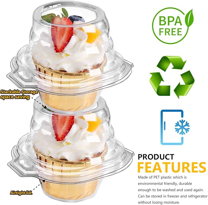 120 Packs Individual Cupcake Containers Stackable Single Compartment Cupcake Disposable Carrier Holder Box Deep Dome Clear Plastic BPAFree (120 counts)