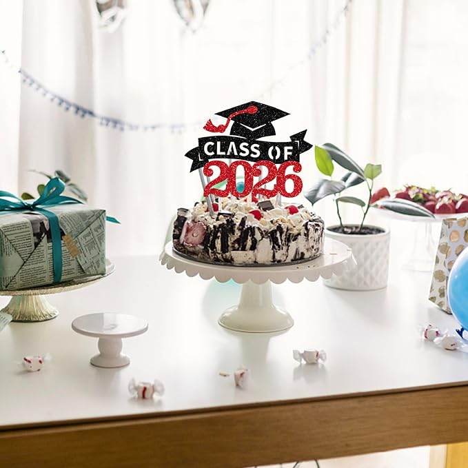 1 Pack Class of 2026 Cake Topper Glitter Congrats Grad Cap 2026 Graduation Cake Pick for 2026 Graduation Theme High School Boys Girls Graduate Party Cake Decorations Supplies Red Black