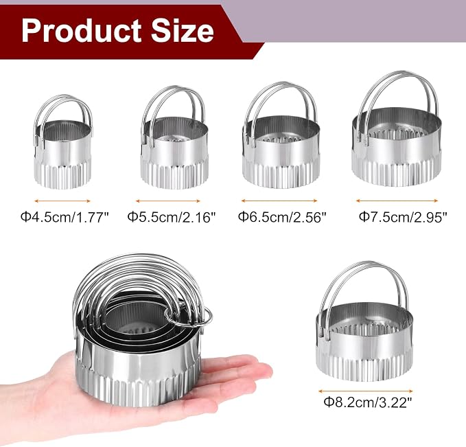HARFINGTON 5 Pieces Round Biscuit Cutter with Handle Set Stainless Steel Circle Cookies Dough Cutter Tool with Fluted Edge for Kitchen Baking Cake