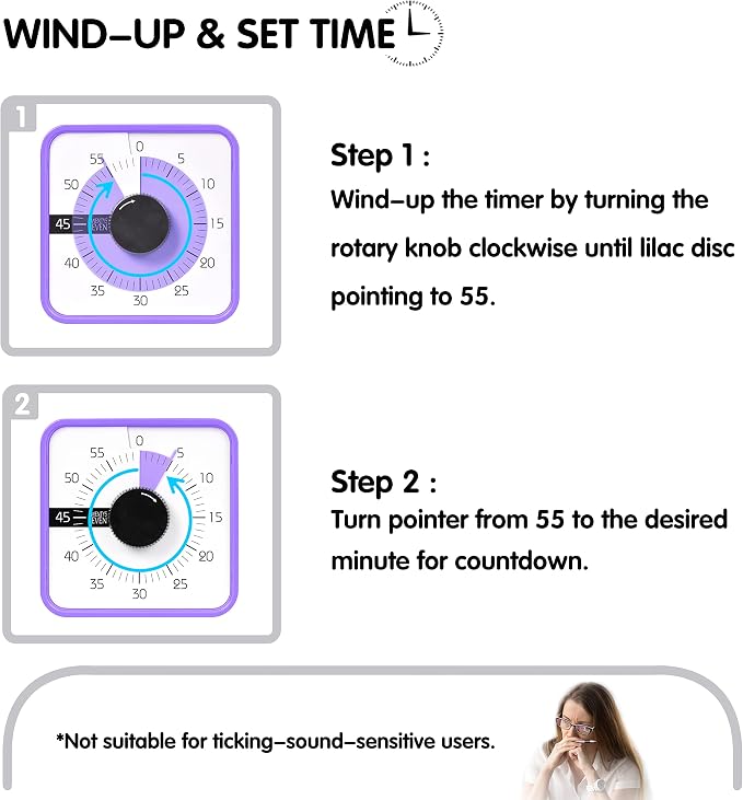 TWENTY5 SEVEN Countdown Timer 7.5 inch; 60 Minute 1 Hour Visual Timer – Classroom Teaching Tool Office Meeting, Mechanical Countdown Clock for Kids Exam Time Management Magnetic, Purple