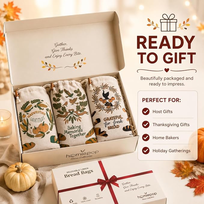 Bread Bags for Homemade Bread, 3 Pack Linen Bread Bags with TPU Lining, Reusable Sourdough Bread Storage Bags, Drawstring Closure, 17 x 13 Inch, Thanksgiving Fall Design, Gift Ready Box