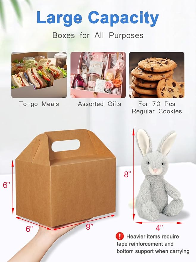 Shallive 50 Pcs Large Treat Boxes 9x6x6 Inch Brown Gable Gift Boxes with Handle Kraft Lunch Boxes Recycled Paper Gift Bags Take Out Cookie Boxes Welcome Boxes Candy Bags For Wedding Supplies