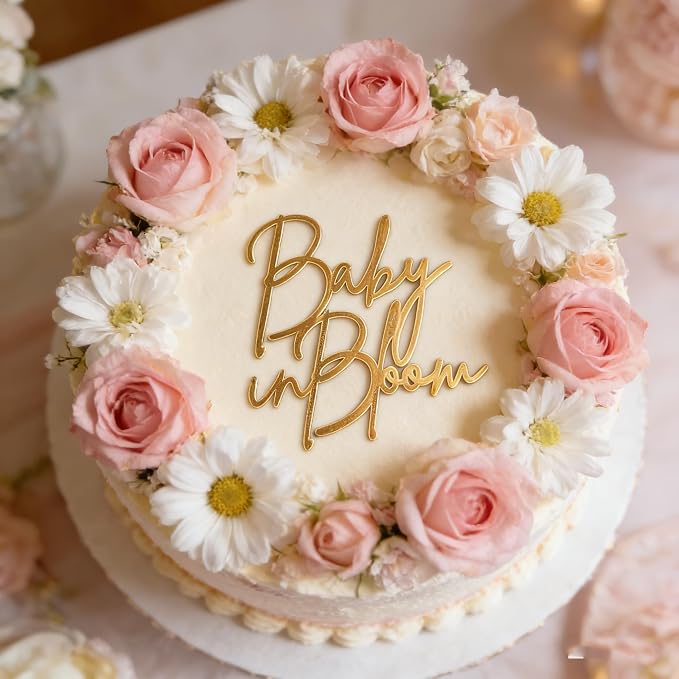 Baby in Bloom Gold Cake Topper,Acrylic Baby shower Cake Side Decorations, Gender Reveal Pregnancy Announcement/Birth Announcement/Welcome Baby Decorative Party Supplies