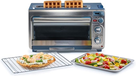 Hamilton Beach 2-in-1 Countertop Toaster Oven and Long Slot 2 Slice Toaster, 60 Minute Timer and Automatic Shut Off, Shade Selector, Kitchen Makeover Blue & Stainless Steel (31158)