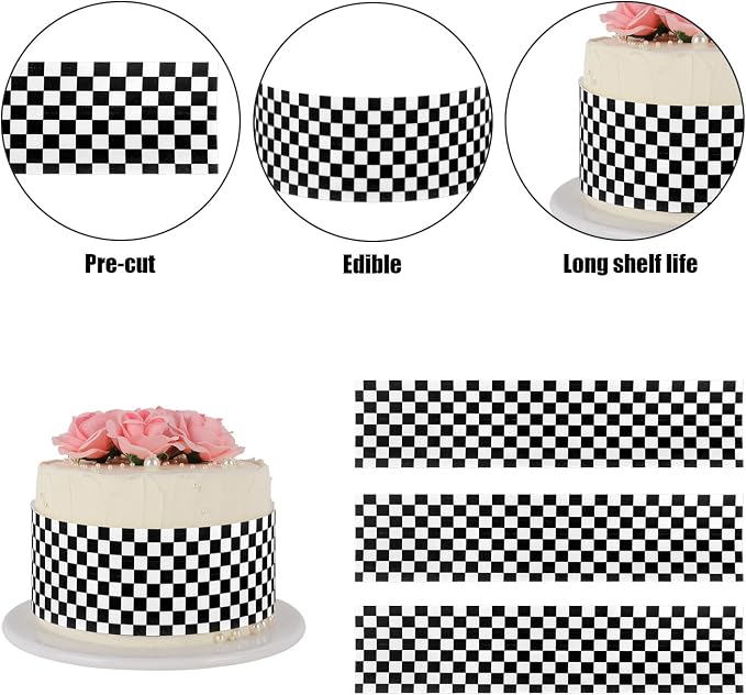 3pcs Edible Cake Borders, 28x6.2cm/11x2.44in Black White Checkered Birthday Cake Decorations Pre-Cut Rice Paper Wrap Strips for Racing Cars Theme Images Birthday Party Dessert Decorations