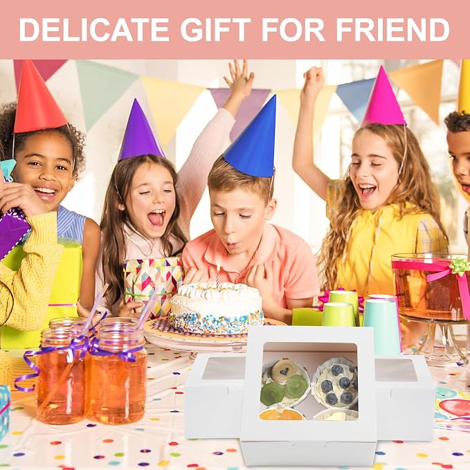 OAMCEG 50 PCS Cupcake Boxes with Window, 6x6x3 Inch Cookie Boxes, Bakery Treat Boxes for Pastry, Dessert, Chocolate Strawberries, Cupcake Containers, Gift Giving with Stickers & Twine（White）