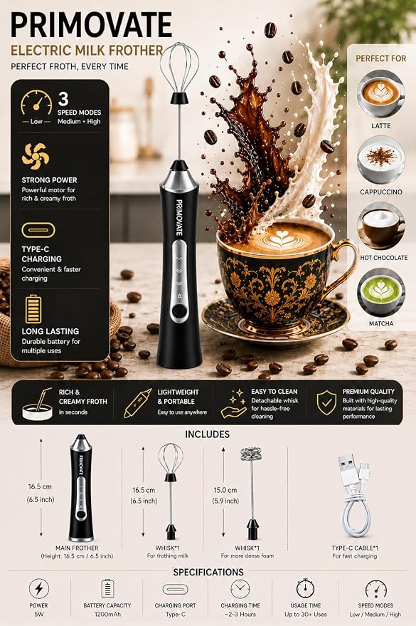 Rechargeable Milk Frother Handheld, Electric Coffee Frother with 2 Whisk, 3-Speed Powerful Drink Mixer, USB-C, Milk Foamer for Coffee,Latte,Cappuccino,Matcha & HotChocolate(Black no Stand)