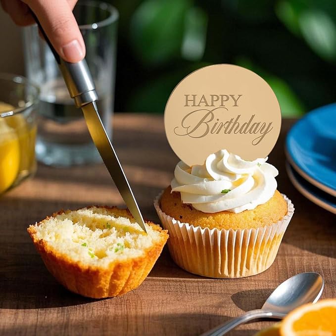 20pcs Gold Birthday Cupcake Toppers Acrylic Cake Picks for Party Decor | Mirror Design Birthday Party Supplies Round Picks DIY Gifts Flower Bouquet Pastries Desserts Decor