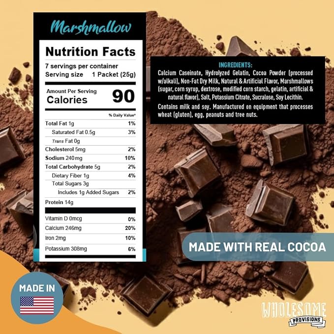 Protein Hot Chocolate, Keto Hot Chocolate Mix, Low Carb Hot Cocoa, 15g Protein, 2g Net Carbs, Low in Sugar, Instant Hot Coco, 7 Individual Macro-Controlled Packages (Marshmallow, 5 Pack)