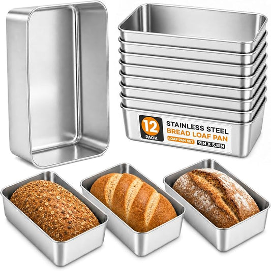 12 Pack Loaf Pans for Baking Bread,9×5In Stainless Steel Loaf Pan | Bread Loaf Tins for Homemade Bread Brownies, Meatloaf, Lasagna Cake, Sturdy, Oven, Dishwasher Safe, Silver