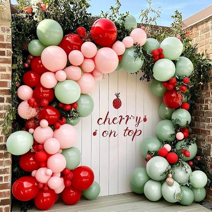 Red Pink Green Balloon Arch Double Stuffed Dusty Green, Ruby Red, Pastel Pink Balloon Garland Kit for Cherry on Top Birthday Mothers Day Baby Shower Wedding Summer Party Decoration
