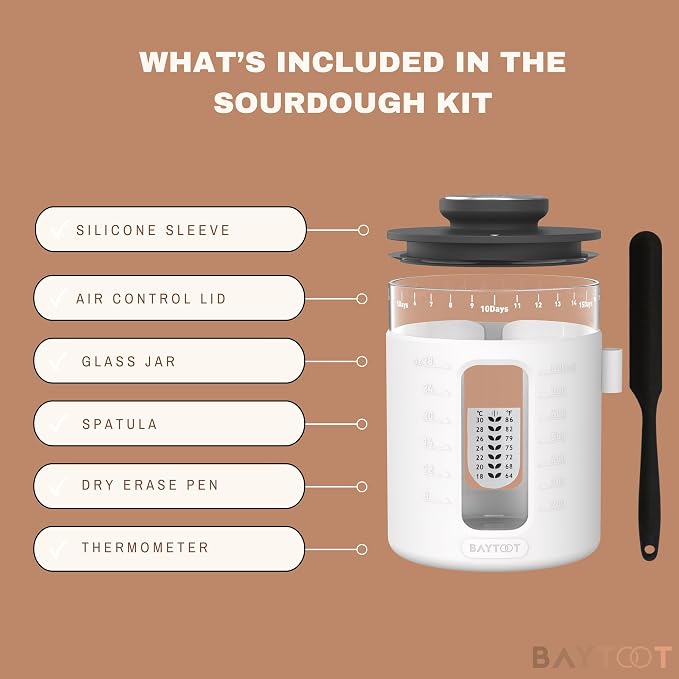 Sourdough Starter Jar Kit 33oz – Wide Mouth Sourdough Fermentation Jar, Upgraded 2026 Sour dough Container Reinforced Thick Glass Base, Airflow Lid, Feeding Tracker & Thermometer (White)
