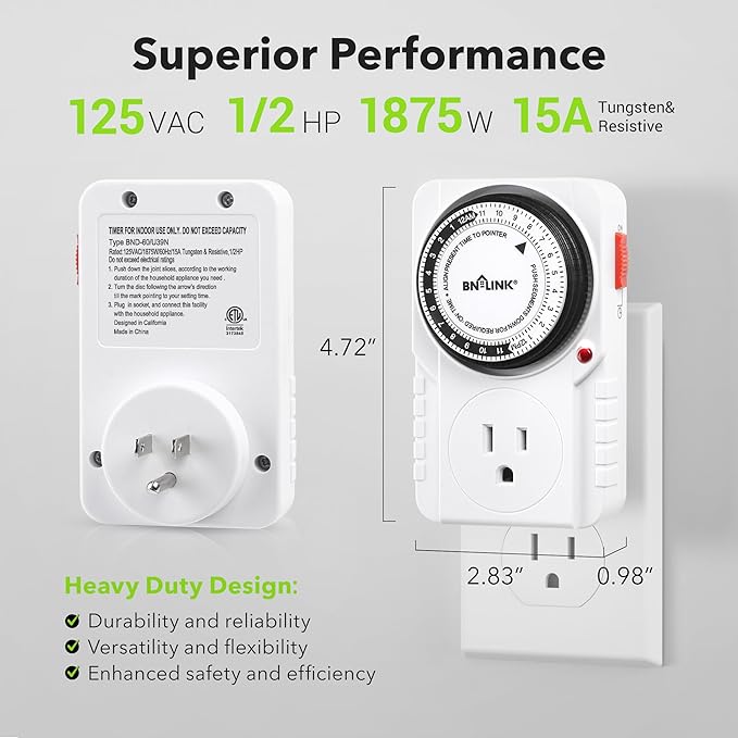 BN-LINK 24 Hour Plug-in Mechanical Timer Grounded for Aquarium, Grow Light, Hydroponics, Indoor Lighting, Home Appliances, ETL Listed 125VAC, 60 Hz, 1875W, 15A, 1/2HP (2 Pack)