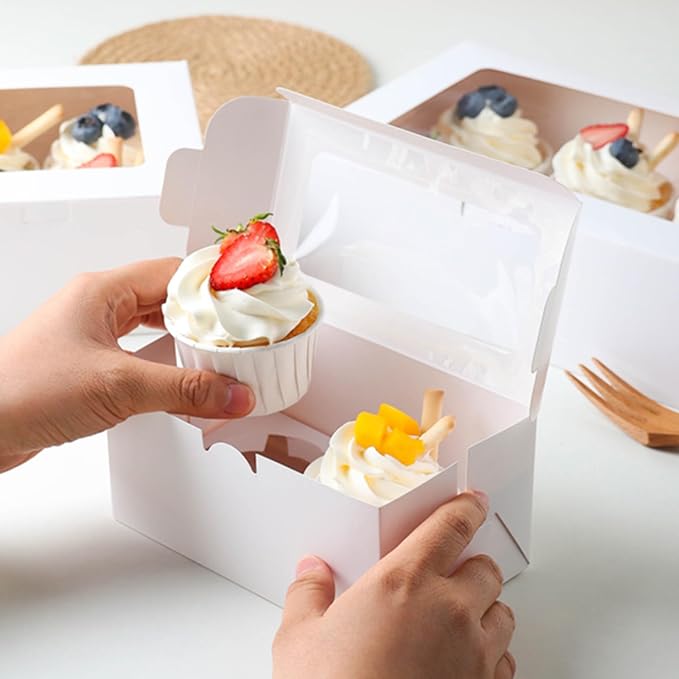 MUMULULU 10 PCS White Paper Cupcake Boxes with 2 Cavity Cookie Gift Boxes with Clear Window 2 Treat Holder Cupcake Containers Bakery Cake Box for Birthday Party Bakery Supplies