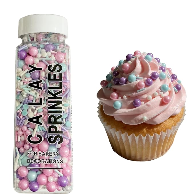 Edible Pink Purple Blue and White Pearl Confetti Jimmies Sprinkles 130g/4.5oz Pastel Sprinkles for Cake Decorating Baking Ice Cream Cupcakes Wedding Party Valentines Christmas Supplies
