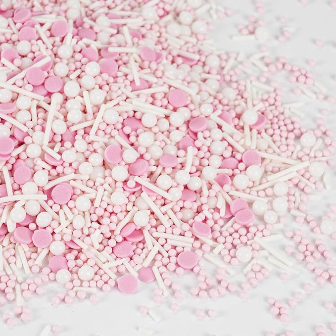 Dye Free Pink and White Sprinkles - 4.2 oz No Artificial Dyes Confetti Nonpareils Pearls Jimmies Mix for Cake Decorating, Cupcake Topper & Baking - Natural Color Pink White Sprinkle for Baby Shower Birthday