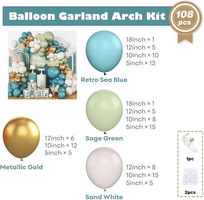 Blue and Green Balloon Arch Kit, 108 Pcs Dusty Balloon Garland With Retro Sea Sage Sand White Metallic Gold Balloons for Boho Wedding Baby Shower Birthday Party Decorations