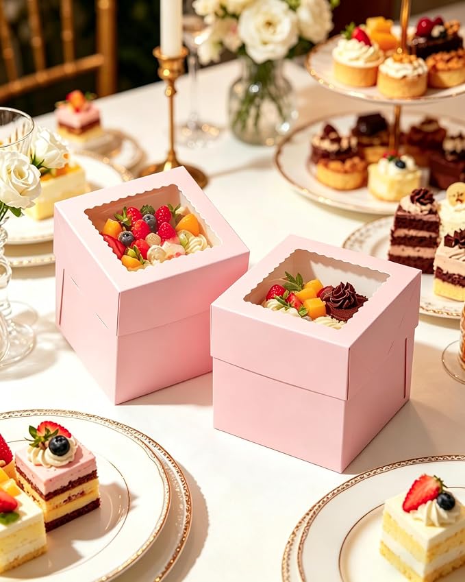 COTOPHER 30Pcs 6x6x6 Inches Mini Cake Boxes, Pink Bakery Boxes with Window, Cake Containers for Pastries, Cookies, Chocolates, Cupcakes, Birthday Party Cake Decorating Supplies for Gift Giving