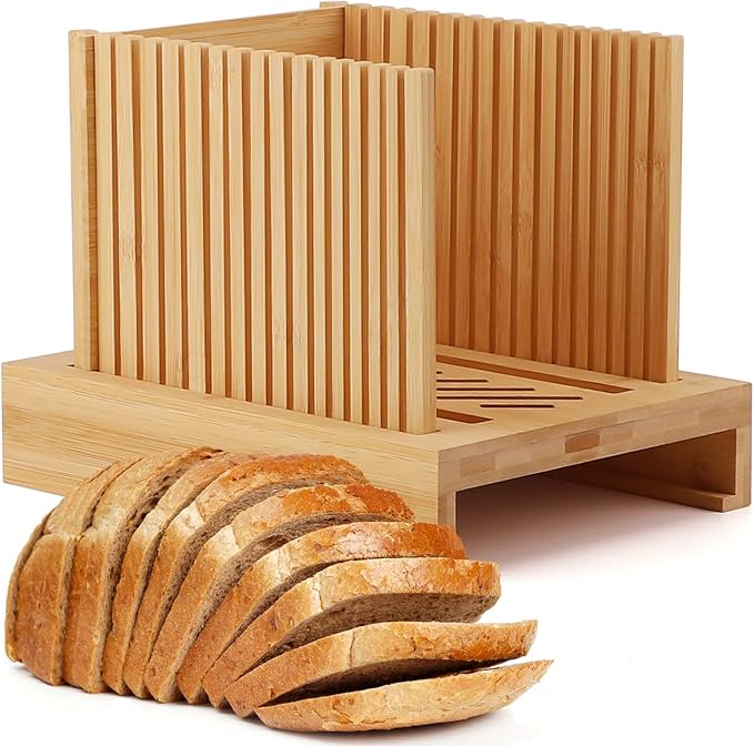 Bamboo Bread Slicer for Homemade Bread, Adjustable Width Bread Slicing Guides with Sturdy Wooden Cutting Board, Compact and Foldable - Makes Cutting Bagels or Even Bread Slices Easy, medium