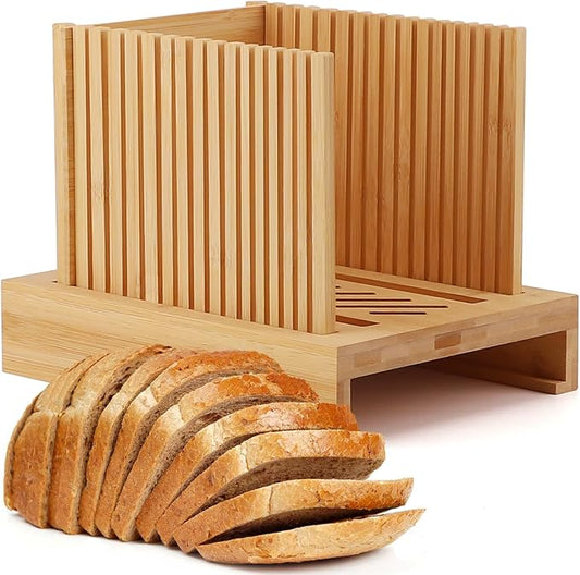 Bamboo Bread Slicer for Homemade Bread, Adjustable Width Bread Slicing Guides with Sturdy Wooden Cutting Board, Compact and Foldable - Makes Cutting Bagels or Even Bread Slices Easy, medium