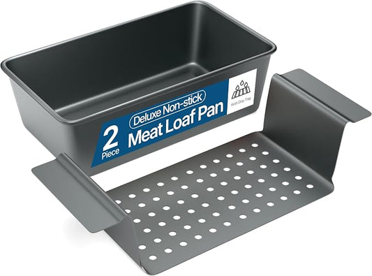 Meatloaf Pan with Drain Tray, 9.84 x 5.71" Nonstick Loaf Pan with Perforated Insert Tray, Durable Carbon Steel, PFOA, PFOS, BPA, and PTFE Free, Oven Safe to 450°F, Easy-Grip Handles, Dishwasher Safe