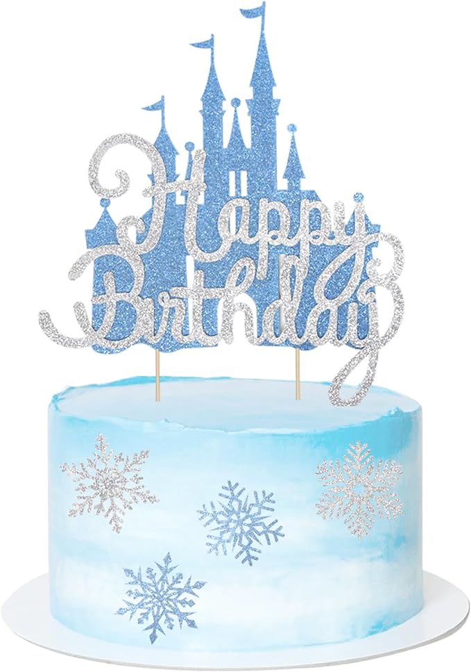 2Pcs Blue Castle Cake Toppers Princess Cake Decorations Princess Theme Birthday Castle Party Picks for Winter Wonderland Party Supplies Frozen Theme Party Decor