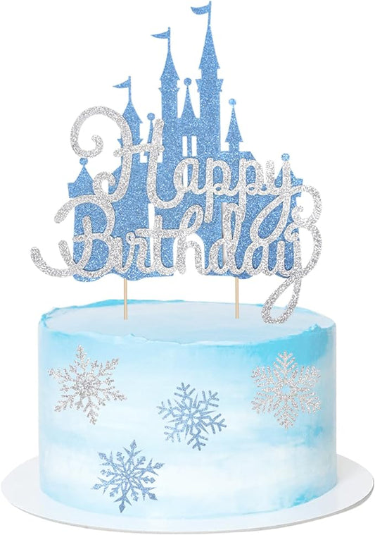 2Pcs Blue Castle Cake Toppers Princess Cake Decorations Princess Theme Birthday Castle Party Picks for Winter Wonderland Party Supplies Frozen Theme Party Decor