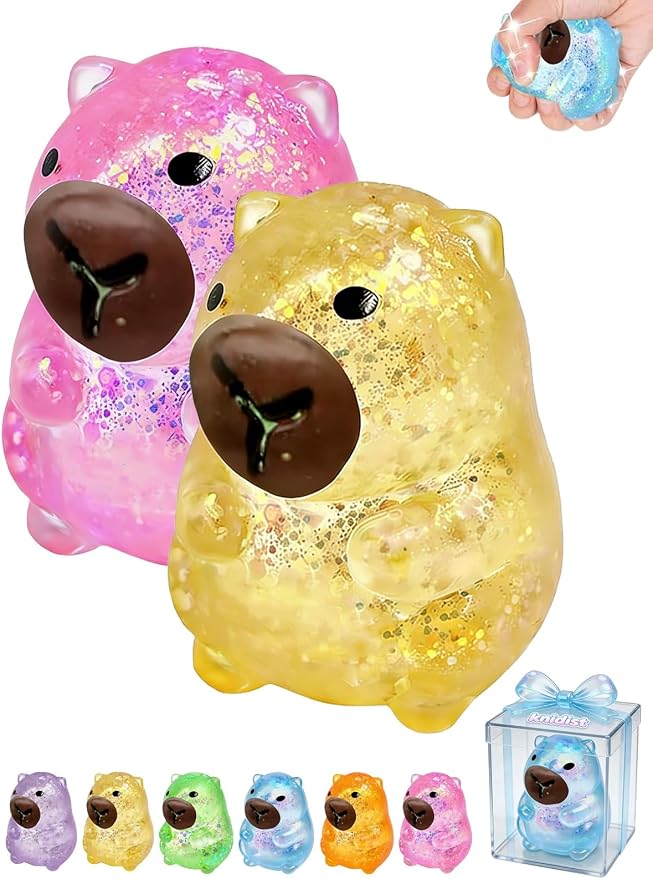 Capybara Squishy Glitter Animal Squeeze Balls Cute Capybara Stress Ball Anxiety Relief Slow Rise Adult Sensory Fidget Tool Gift Sparkling Desk Decor Collectibles Decompression Dough(2pcs Set3)