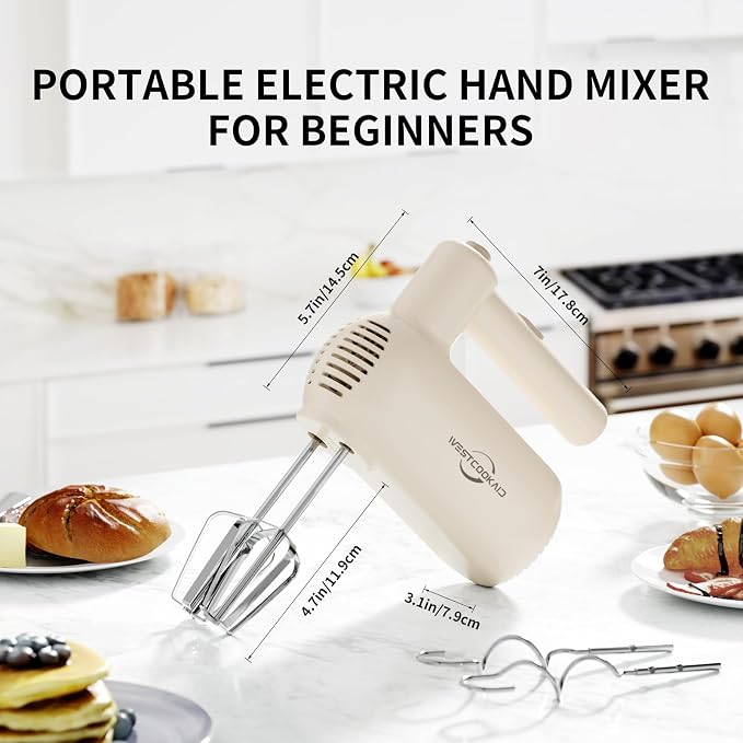 Hand Mixer Electric Handheld, Lightweight Hand Mixer Upgraded Motor, 5-Speed Electric Mixer With Stainless Steel Beaters, Dough Hooks, Westcookaid Turbo Ultra Power+ Eject For Cakes Eggs, White