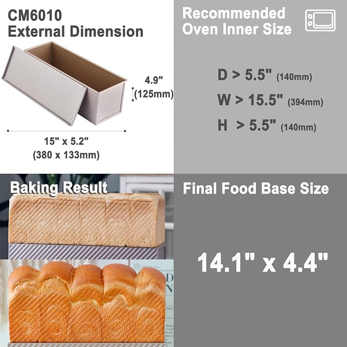 CHEFMADE Commercial Pullman Loaf Pan with Lid, 2.6Lb Dough Capacity Non-stick Rectangle Corrugated Toast Box for Oven Baking 5.2" x 15.2"x 4.9" Dishwasher Safe (Champagne Gold)