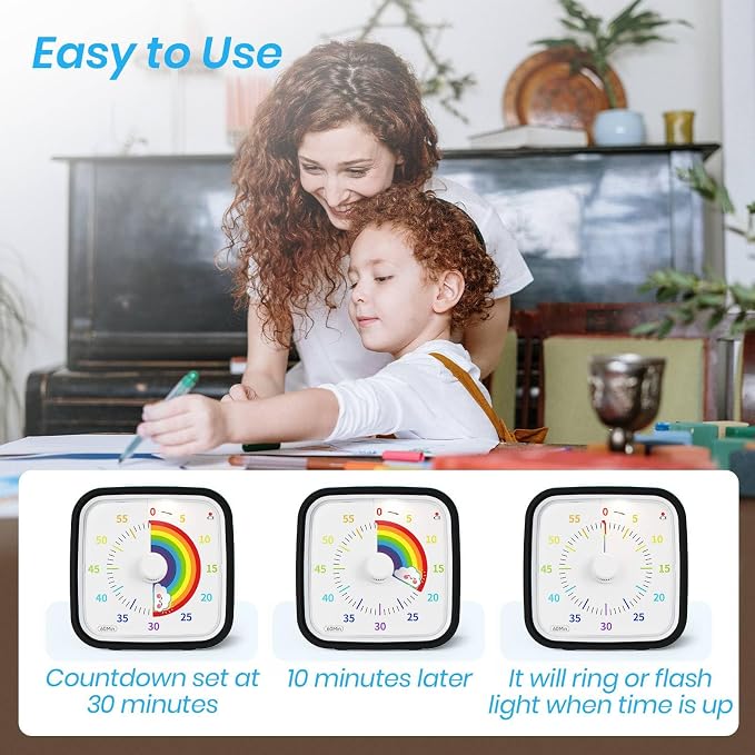 Yunbaoit Upgraded Visual Timer with Protective Case, Silent 60 Minute Countdown Timer for Kids and Adults with Low Power Reminder Clock Time Management Tool (Black Rainbow)