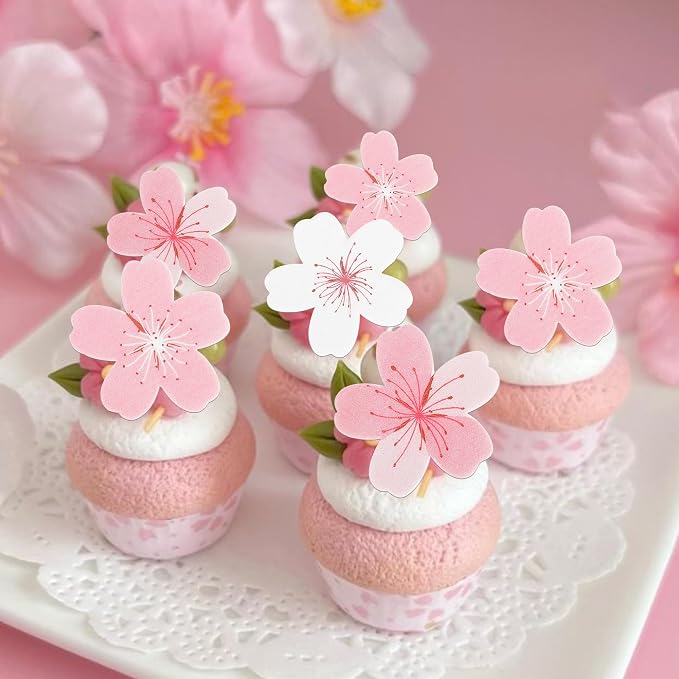 60 PCS Edible Flowers Cake Decorations Pink Edible Cherry Blossoms Flowers Cupcake Toppers Wafer Paper Flowers Cupcake Picks for Baby Shower Kids Birthday Party Food Decorations Supplies