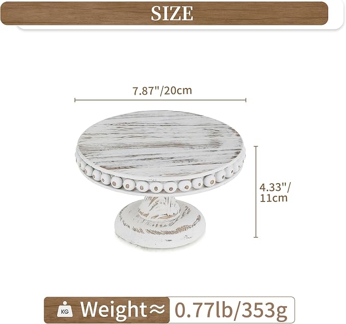 Hanobe Small Wood Cake Stand: White Cupcake Pedestal Stand 8 inch Dessert Display Riser Rustic Round Cakes Holder Tray Vintage Beads Wooden Plate for Wedding Birthday Decor