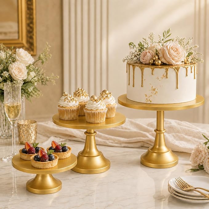 3 Pack Gold Cake Stand, 8 10 12 Inch Tiered Display | Metal build, Pedestal base, Dessert table, Wedding reception, Birthday party, Baby shower, Candy bar, Buffet setup