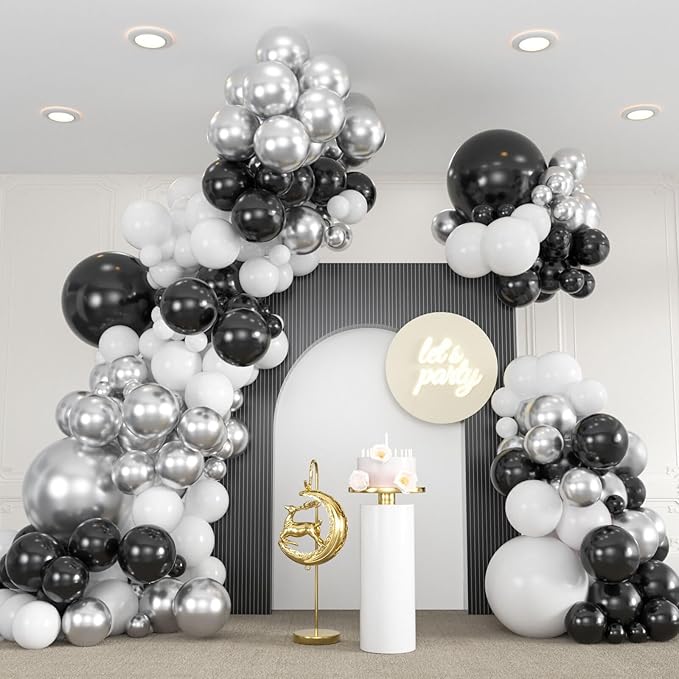 136pcs Black Silver White Balloons Garland Arch Kit,18 12 10 5 Inch Different Sizes Pack Party Latex Balloons for Disco Theme Birthday, Graduation, 90s Party Decorations