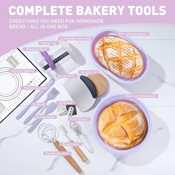 Sourdough Starter Kit,9" Round & 10" Oval Silicone Banneton Bread Proofing Basket Set with Reinforced Support,Sourdough Bread Baking Supplies Kit,34oz Sourdough Starter Jar,Baking Mat(Purple)