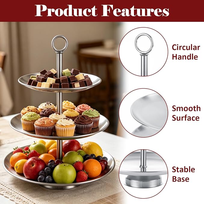3 Tier Stainless Steel Cupcake Stand, Silver Cup Cake Tower Stand, Metal Serving Tray with Base, Tiered Cake Display Holder Dessert Stand for Table Decorations Wedding Party Birthday