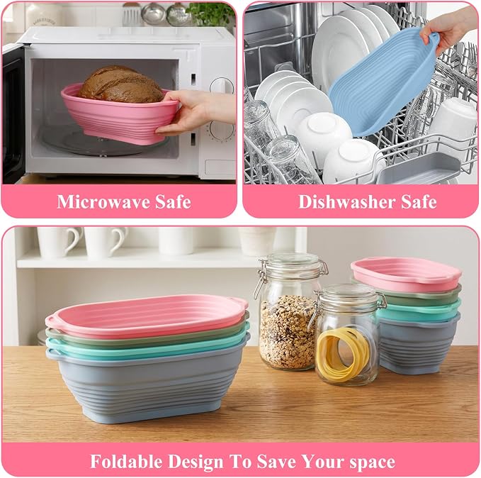 4 PCS 10 Inch Silicone Banneton Bread Proofing Baskets, Bread Proofing Bowl | Oval Sourdough Breads Baking Supplies with Double Ear Handles Foldable Oven Safe-BPA Free