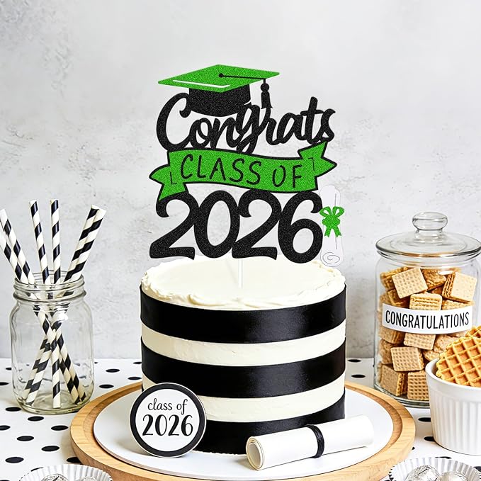 Congrats Class of 2026 Cake Topper Congrats Grad Cap Diploma We Are Proud of You Theme for College Happy Graduation Party Supplies High School Graduate Decoration (Black and Green)