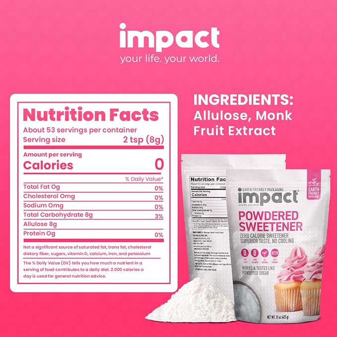 Impact Powdered Sweetener - Allulose, White Monk Fruit Blend – Zero Calorie and Carb, Keto-Friendly, Guilt-Free Substitute for Baking & Cooking - 0.94 lbs (Pack of 2)