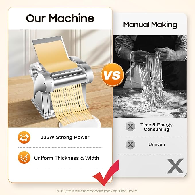 135W Electric Pasta Maker Machine Stainless Steel Dough Sheeter with 8 Thickness Settings, 2 Noodle Cutters for Flat Pasta, Automatic Noodle Press for Home & Commercial Use (110V)