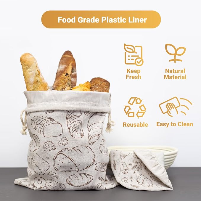 2 Pack Large Reusable Linen Bread Bags and 10'' Bowl Covers with Plastic Liners for Bread Storage & Sourdough Proofing
