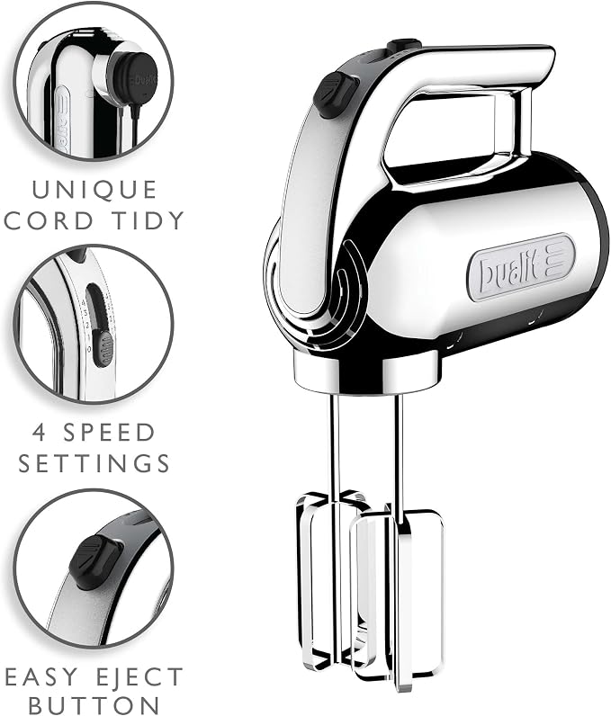 Dualit Hand Mixer - 300W- Strong Grip Handle - Attachments Included - Integral Plug Storage - 4 Speed Settings - Repairable gears - Flat Beaters, Dough Hooks, Balloon Whisk