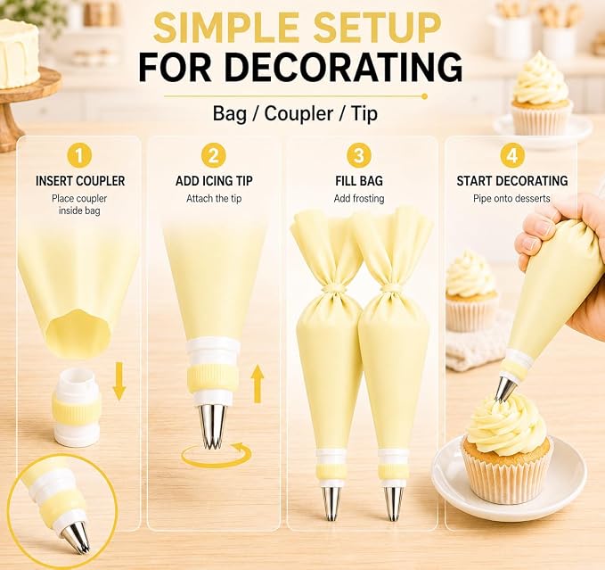 15 PCS Cake Decorating Supplies Set with 2 Reusable Superflex Piping Bags, 6 Stainless Steel Icing Tips, 3 Cake Scrapers, 2 Couplers and Ties for Beginners,Cream Yellow