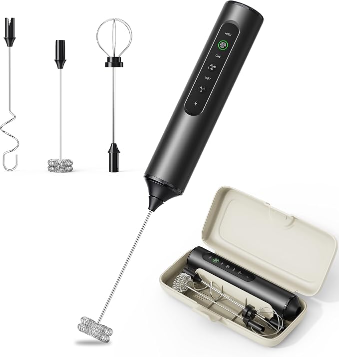 Rechargeable Milk Frother Hanheld 3 Speed, Frother Wand Drink Mixer Handheld Coffee Stirrers Electric Frother for Coffee Mixer Wand with 3 Whisk frother for protein powder-Black