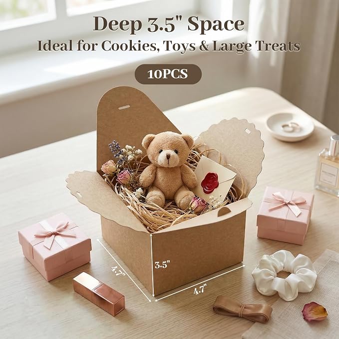 VGOODALL 10PCS Gift Boxes, 4.7" x 4.7" x 3.5" Brown Candy Boxes with Ribbon Mini Kraft Paper Party Favors for Candy Cookie Chocolate Gifts,Party Supplies