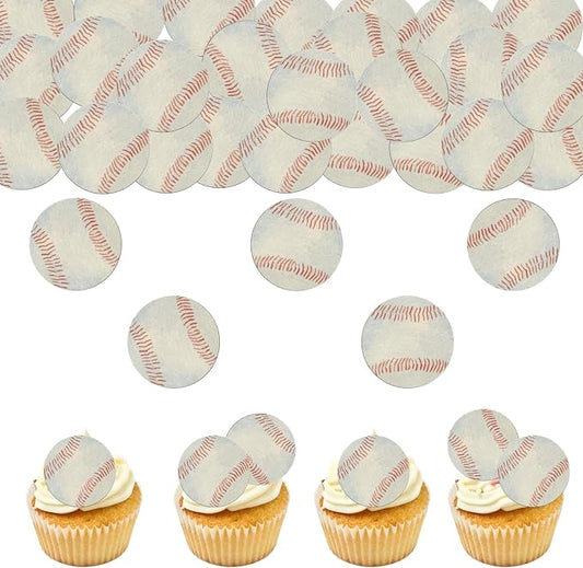 48PCS Edible Baseball Balls Cupcake Toppers Edible Baseball Cake Decorations Sport Ball Theme Cupcake Picks for Sports Ball Theme Baby Shower Birthday Party Cake Decorations Supplies
