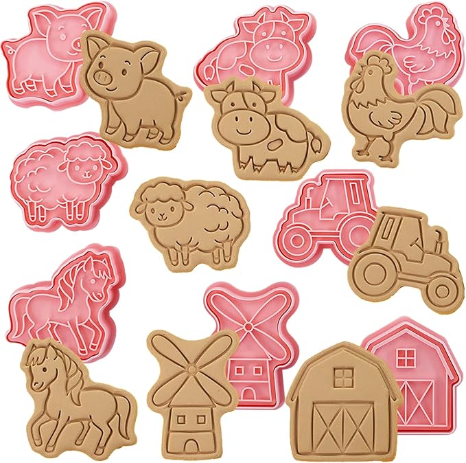 8 Pcs Pig Sheep Cookie Cutters With Plunger Stamps Set 3D Farm-Themed Embossing Cracker Cutters For Baking DIY Biscuit Snacks Cupcakes Fondant Cheese Pastries Frosting Decorations